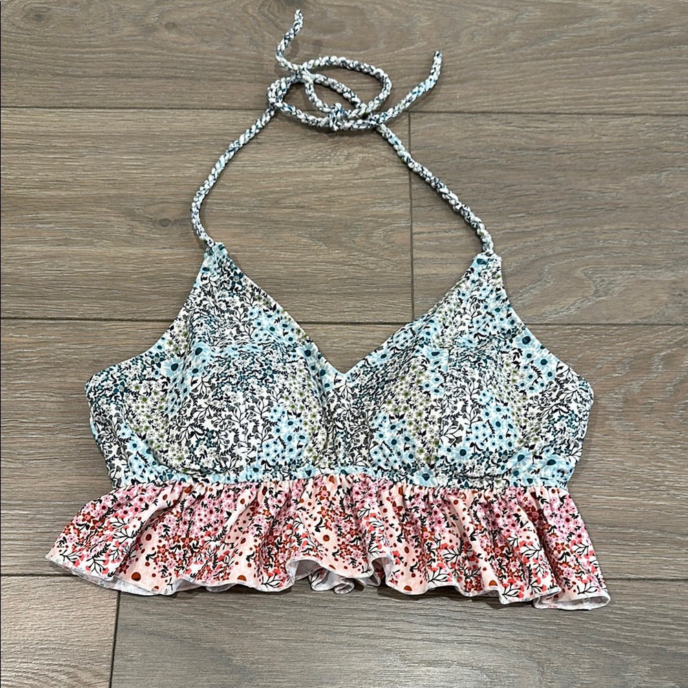 DOWNEAST Cream Pink Blue Green Floral V Neck Halter Tie‎ Tankini Swim Top Size M
